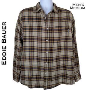 Eddie Bauer Mens Flannel Shirt Medium Tan Navy Gold Plaid Button Front Pocket